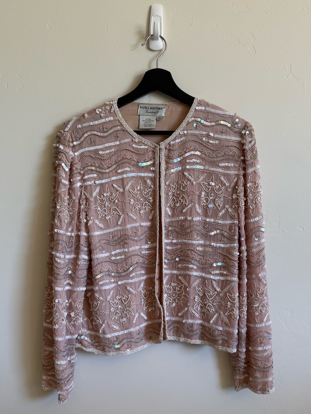 Papell Boutique Evening Beaded Sequin Blush Silk Jacket Size 10 Vintage